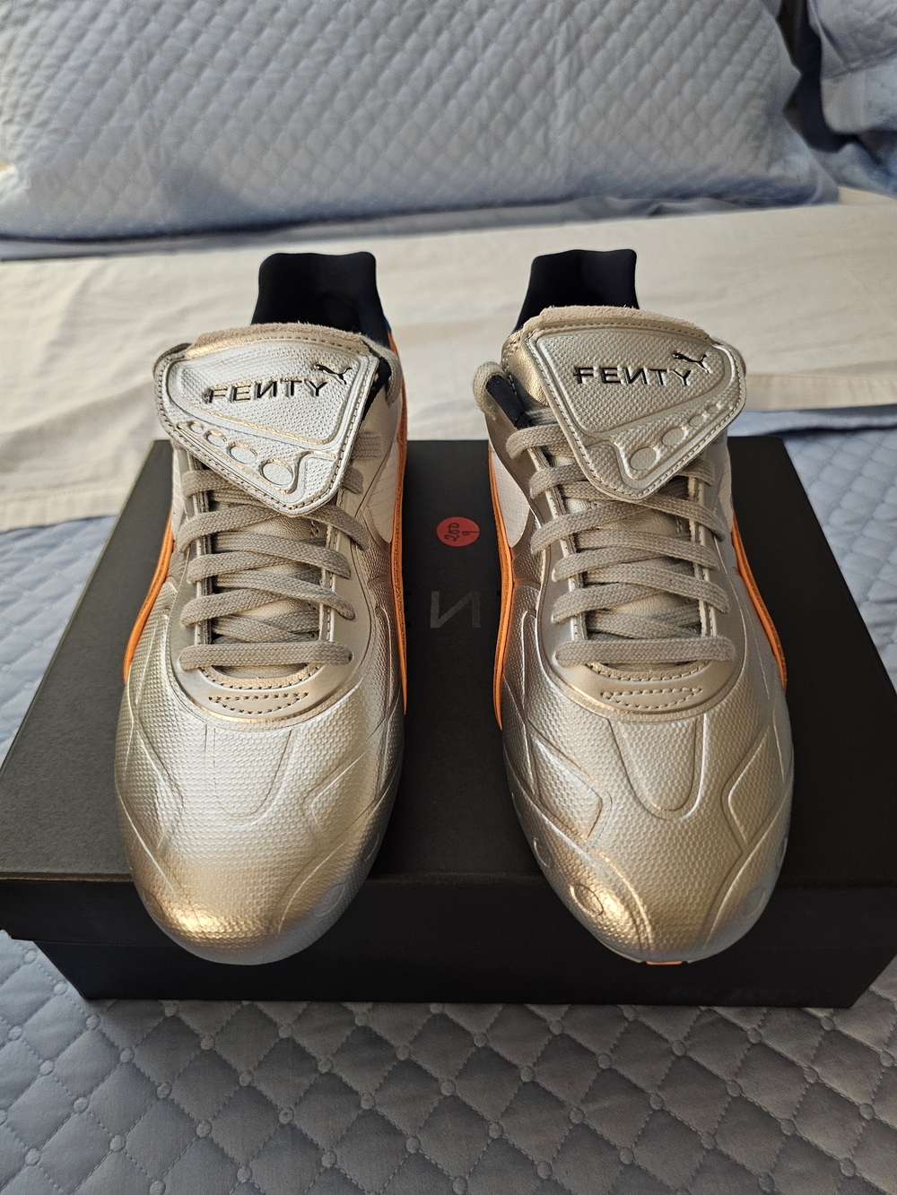 Fenty Beauty Women Metallic Silver Athletic Sneakers with Orange Accents